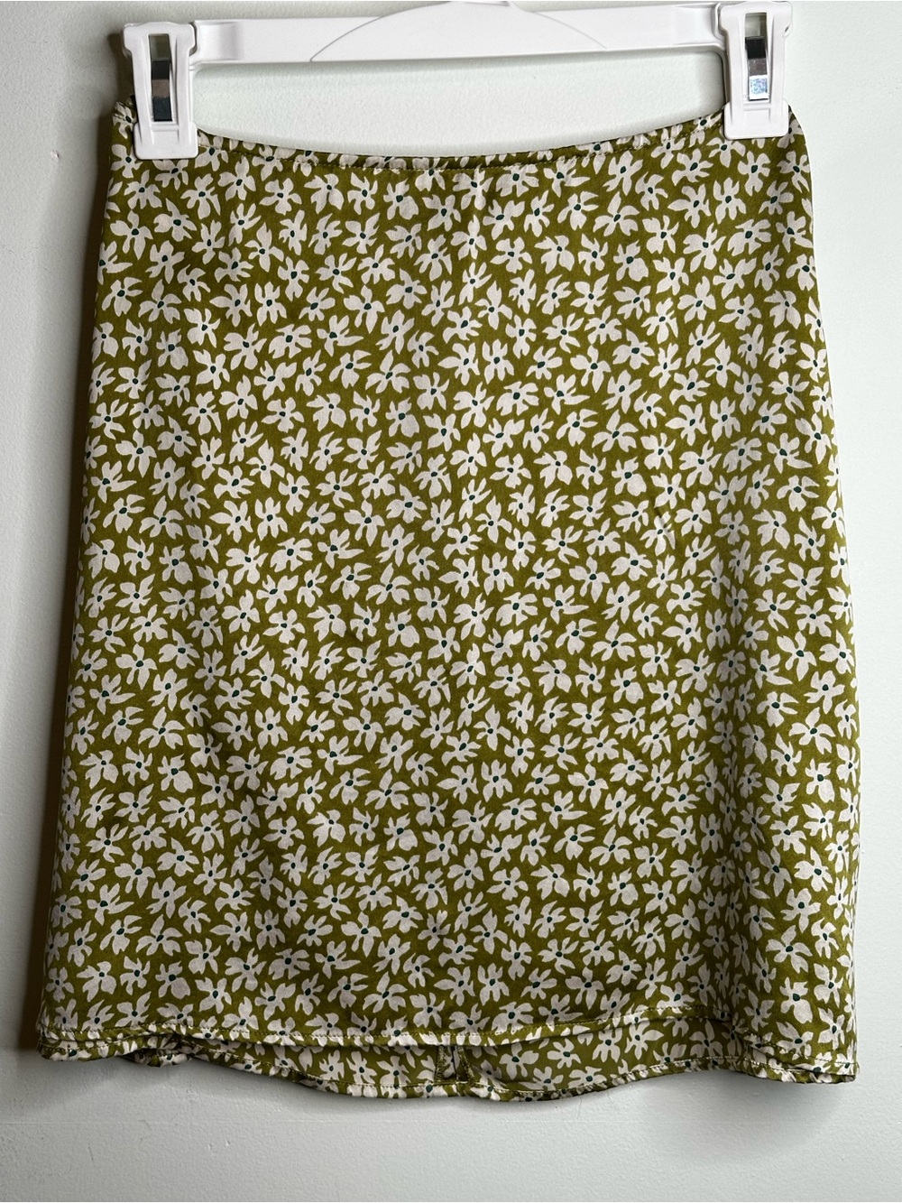 Reformation Olive Green Mini Skirt with White Floral Print